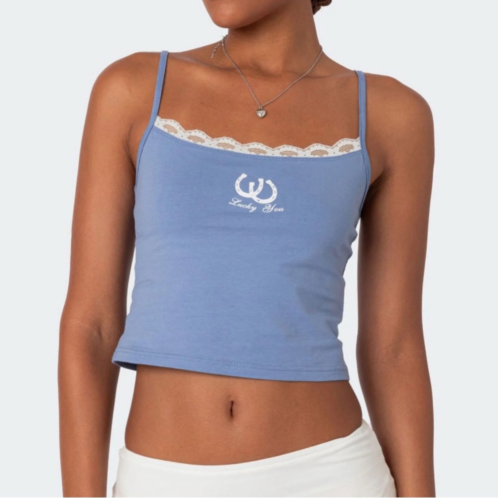 💙Edikted Blue Lucky You Tank with Lace Trim